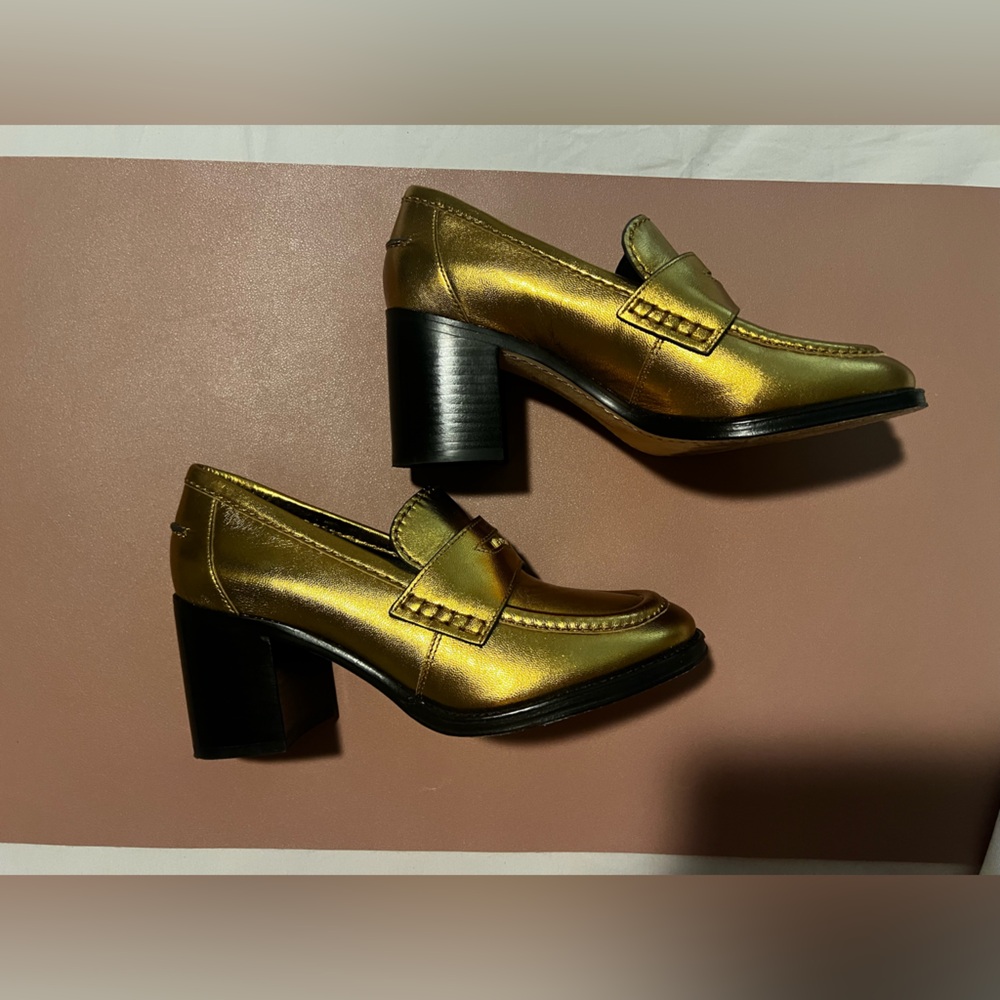 Veronica Beard Penny Loafer Block Heel Pump Metallic Dark Gold Leather SZ 7 - Picture 5 of 7